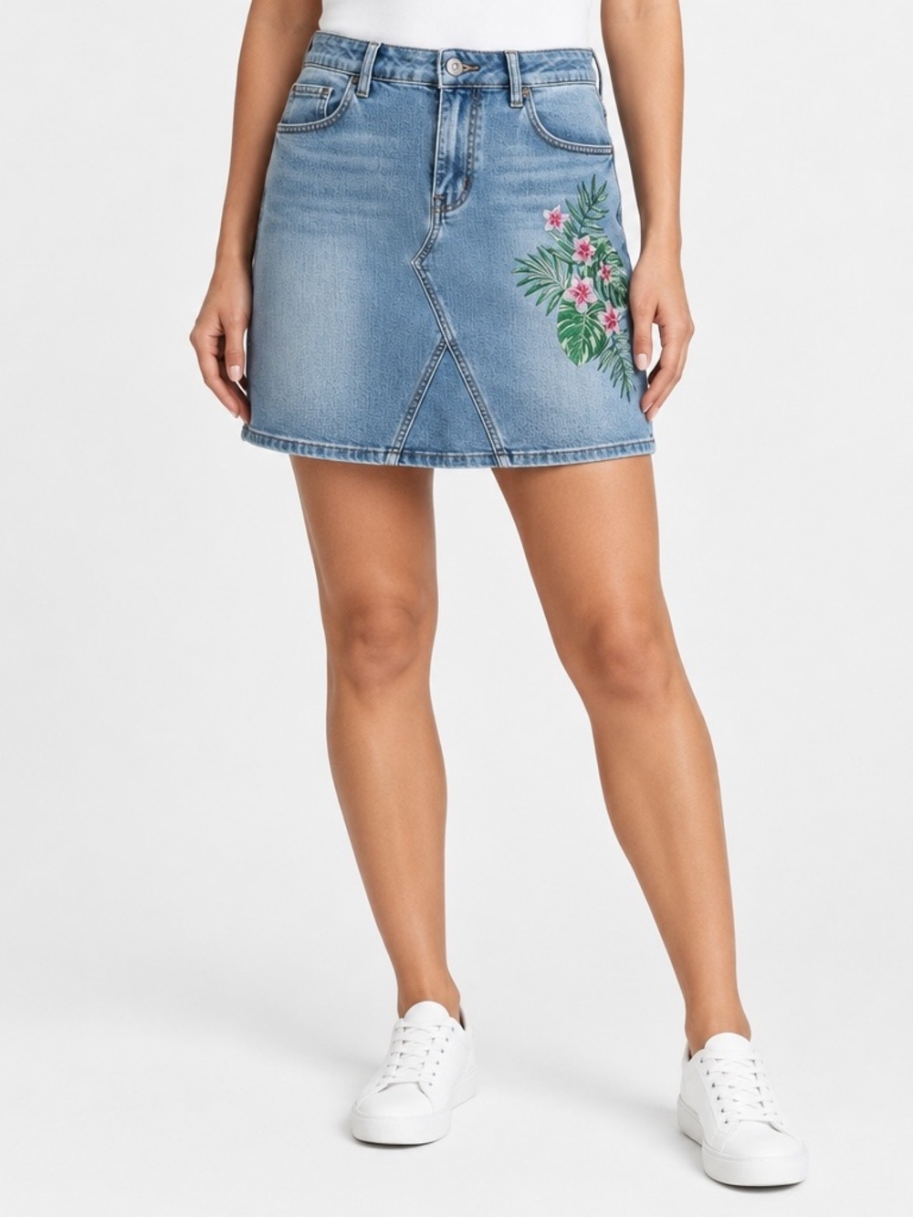 Earl Jeans Size 8 Tropical Floral Embroidered Denim Mini Skirt Y2K Stretching
